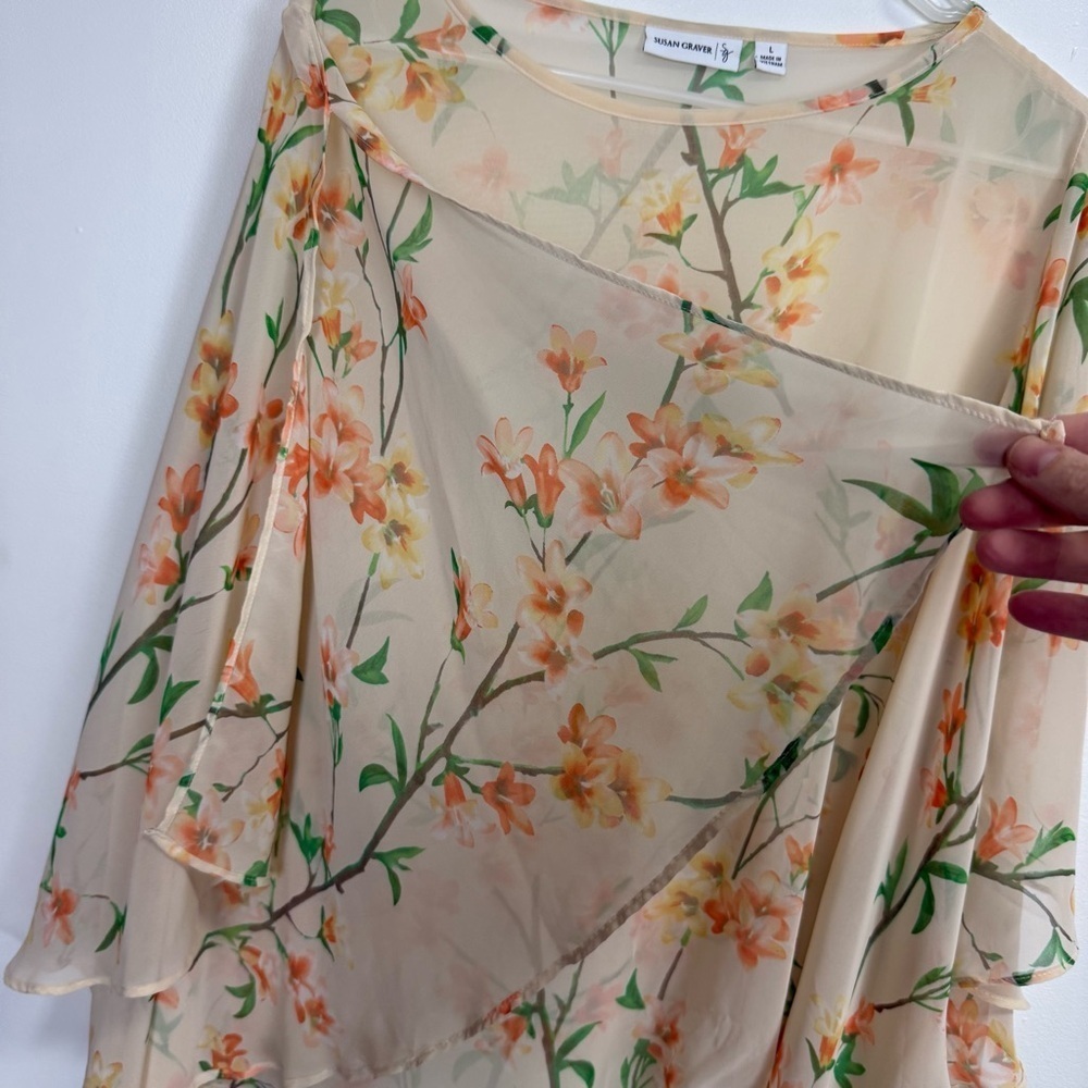Susan Graver Blouse Womens Size Large Split Sleeve Orange Green Sheer Floral Top - Picture 3 of 10